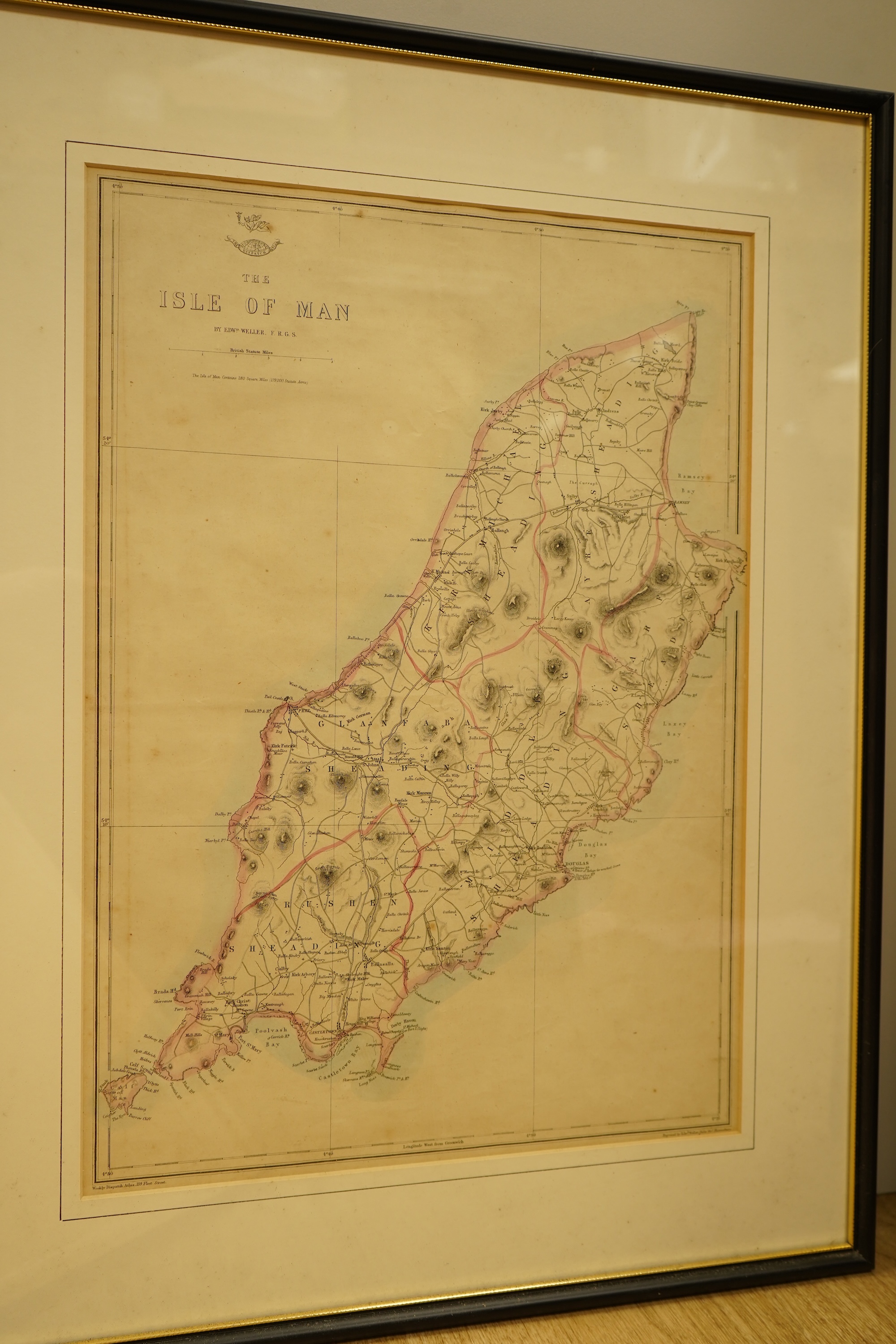 Three 19th century hand coloured maps of the Isle of Wight, a map of the Isle of Man by Edward Weller and a plan of Delhi and its environs, largest 31 x 44cm (5)